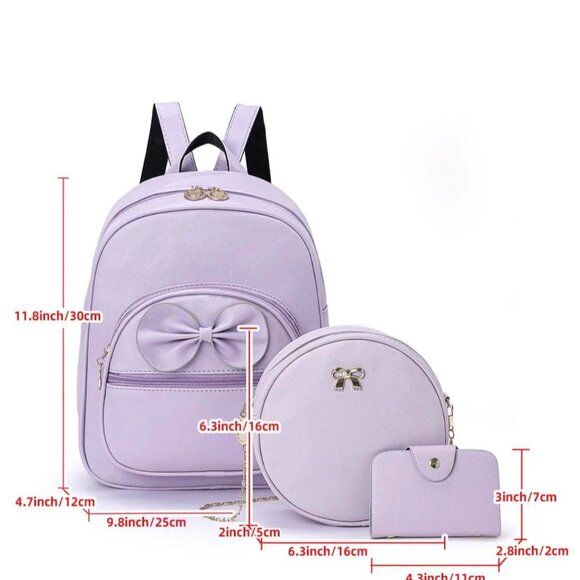 Girls 3pc Set of Lavender Backpack with a Bow & Round Crossbody Purse & Wallet - Picture 5 of 5